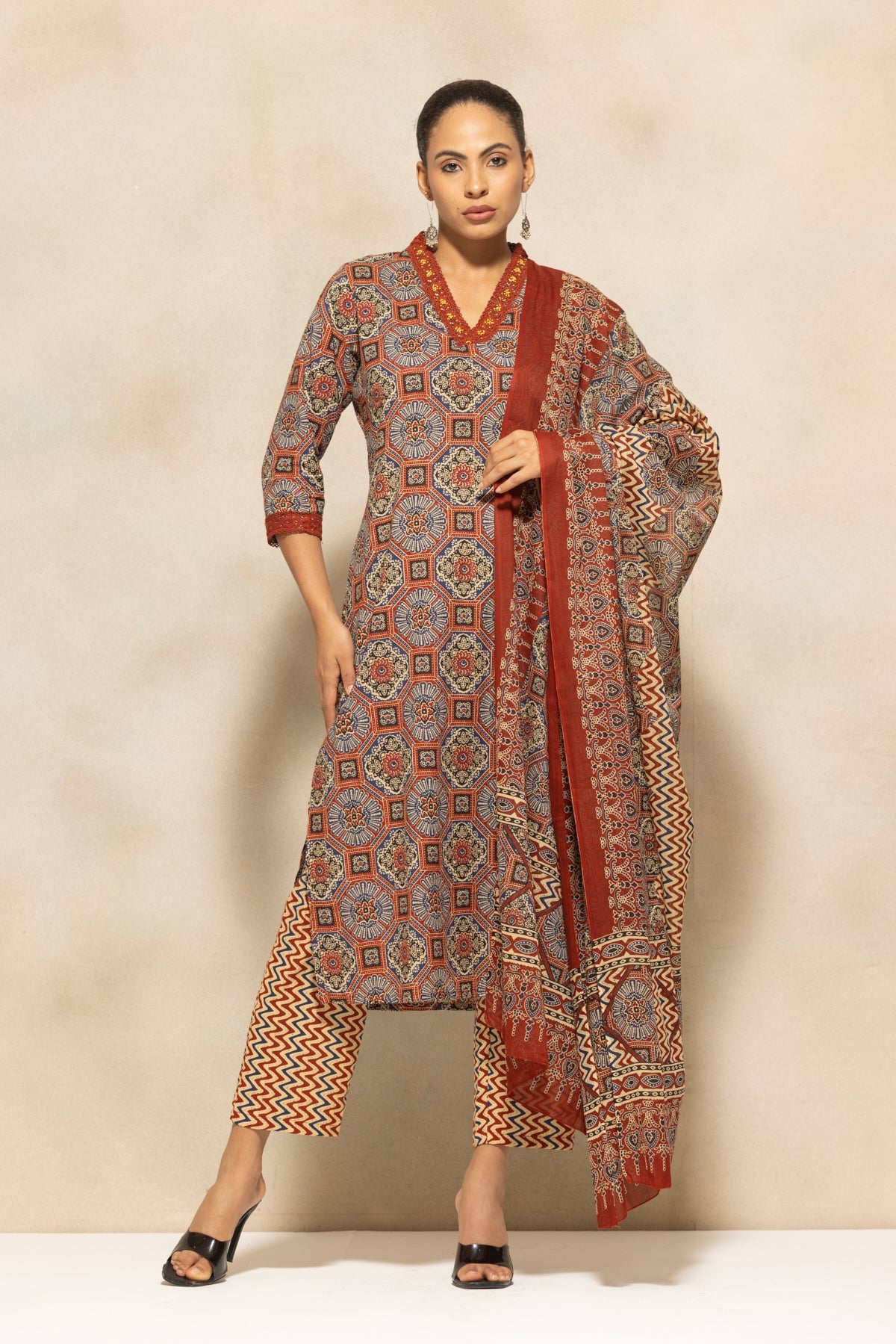 Rust Printed Kurta 3 Pcs Set