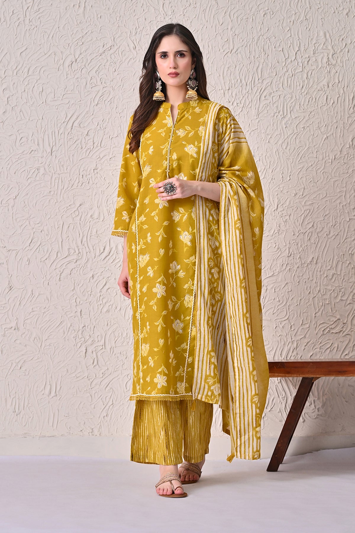 Mustard Printed Kurta 3 Pcs Set