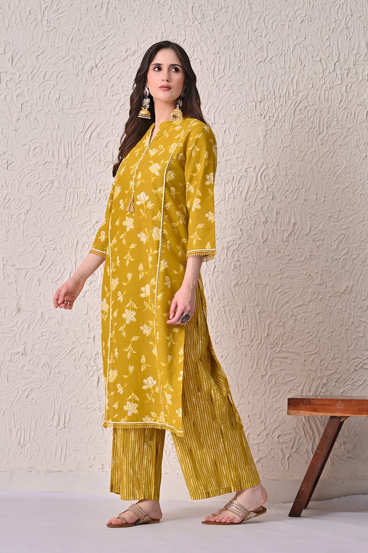 Mustard Printed Kurta 3 Pcs Set