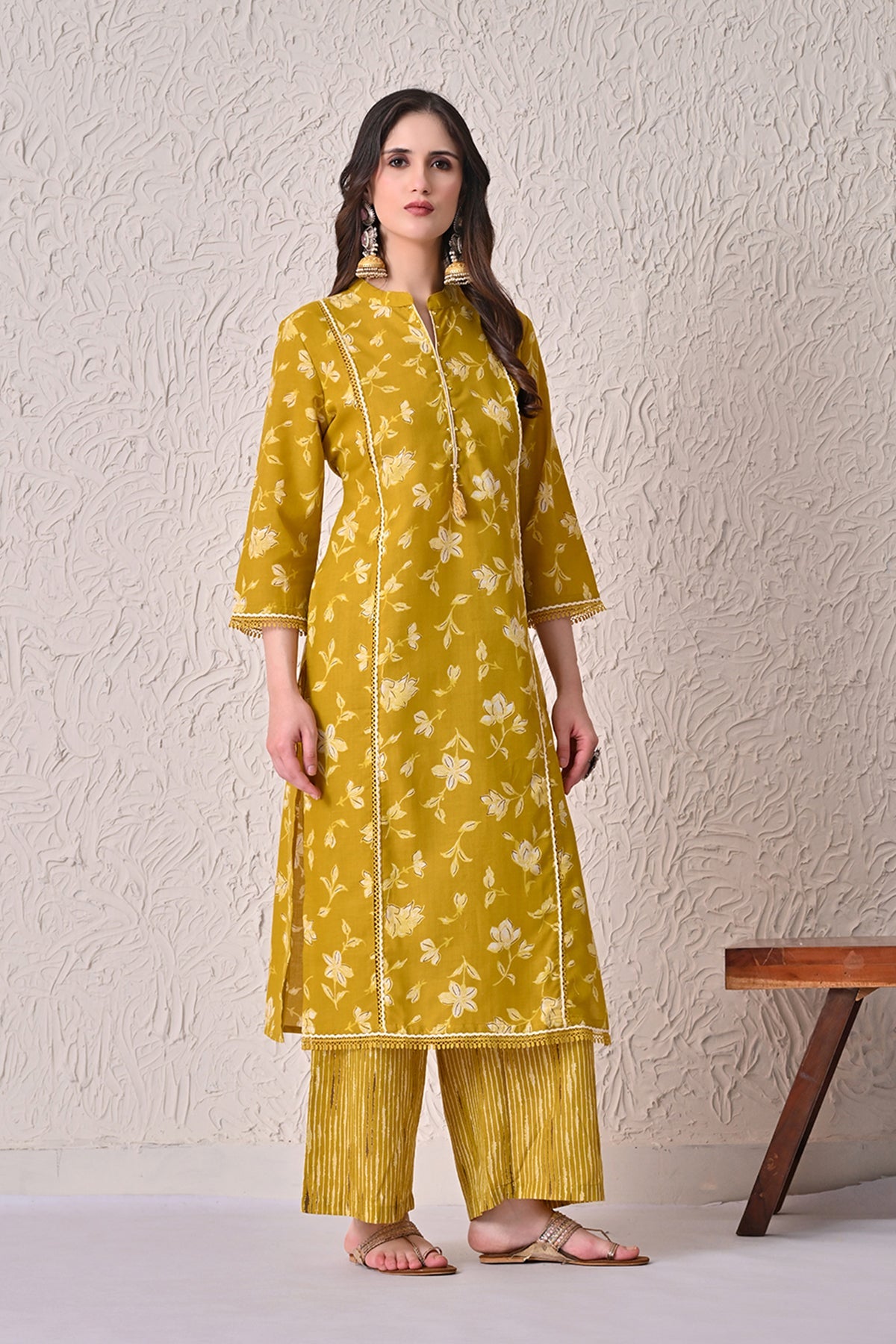 Mustard Printed Kurta 3 Pcs Set