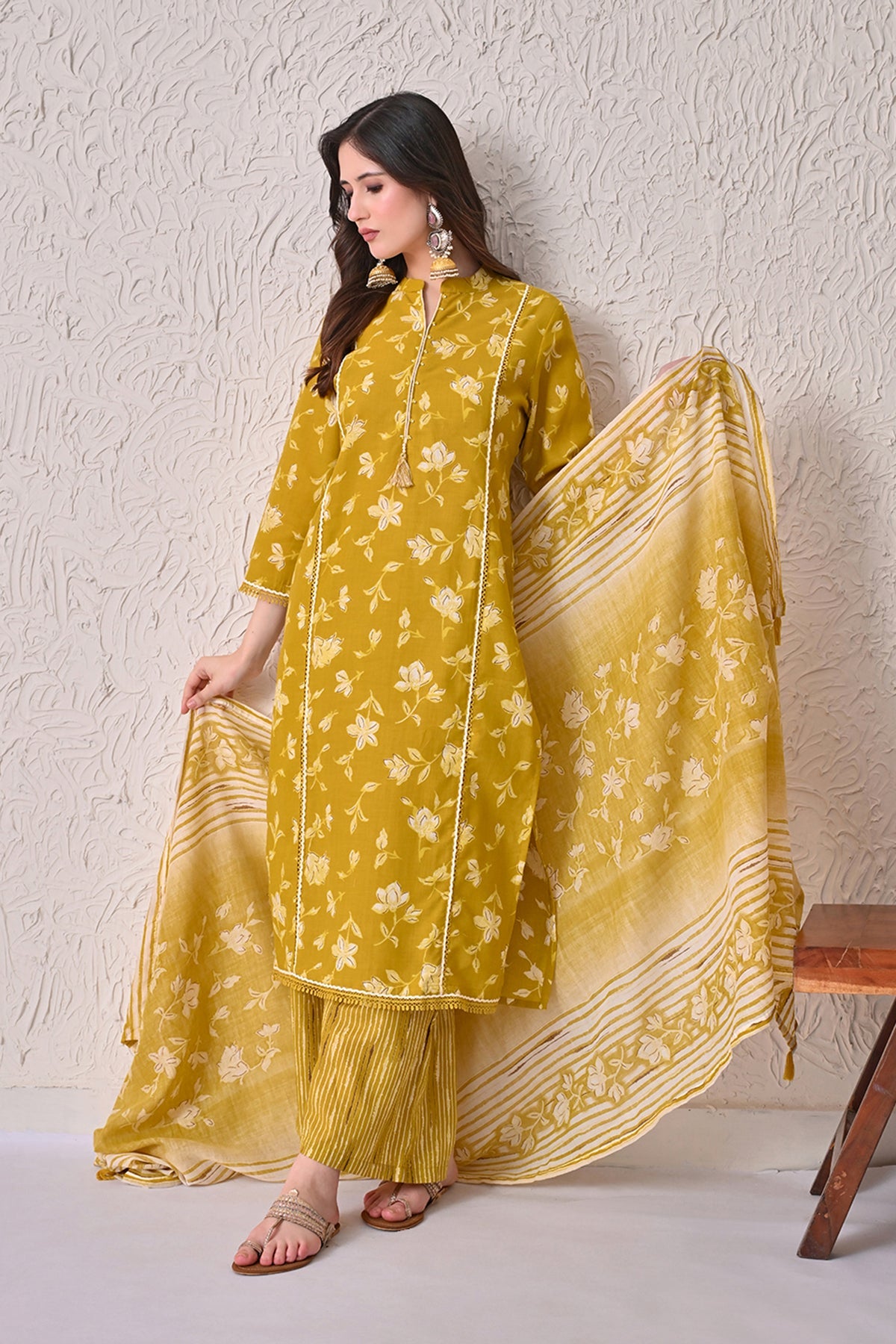 Mustard Printed Kurta 3 Pcs Set