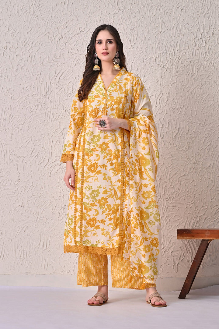 Yellow Printed Kurta 3 Pcs Set