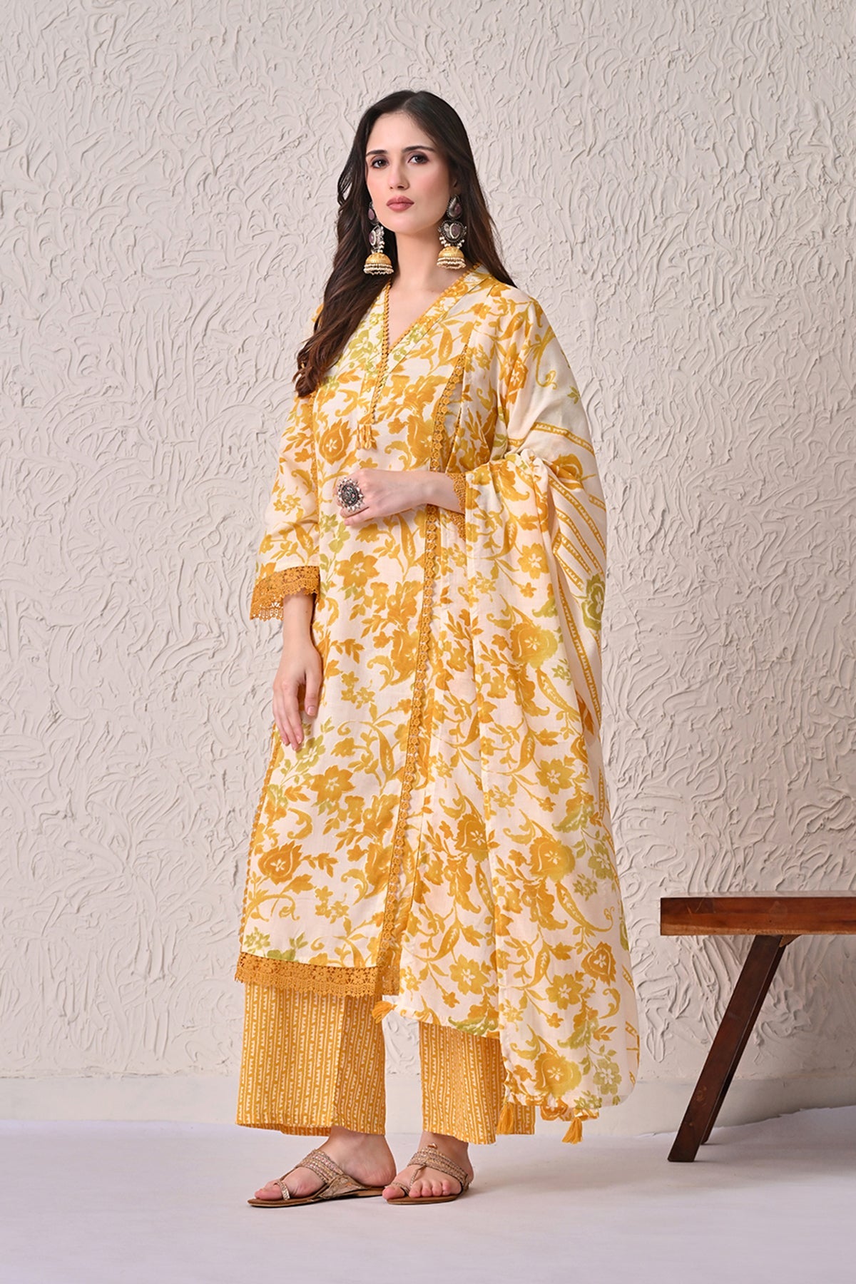 Yellow Printed Kurta 3 Pcs Set