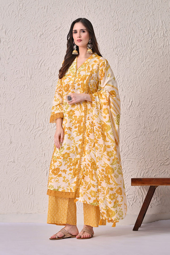 Yellow Printed Kurta 3 Pcs Set