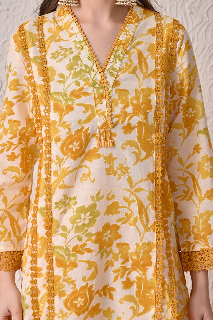 Yellow Printed Kurta 3 Pcs Set