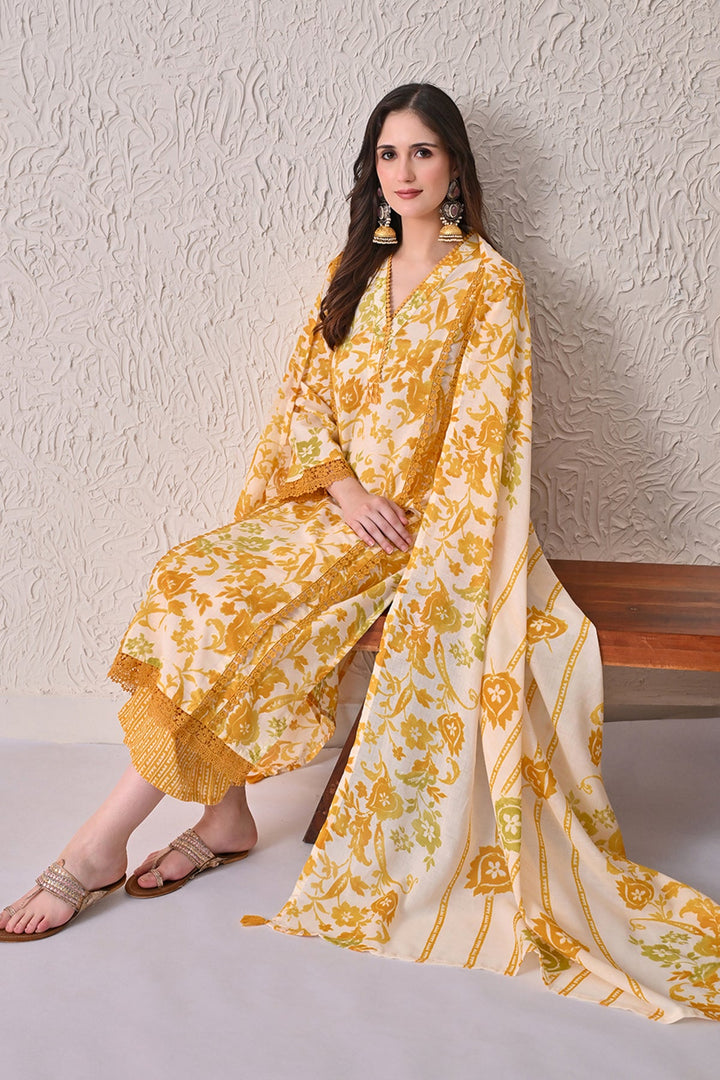 Yellow Printed Kurta 3 Pcs Set