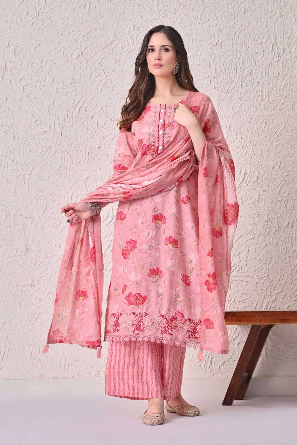 Light Pink Floral Printed Kurta 3 Pcs Set