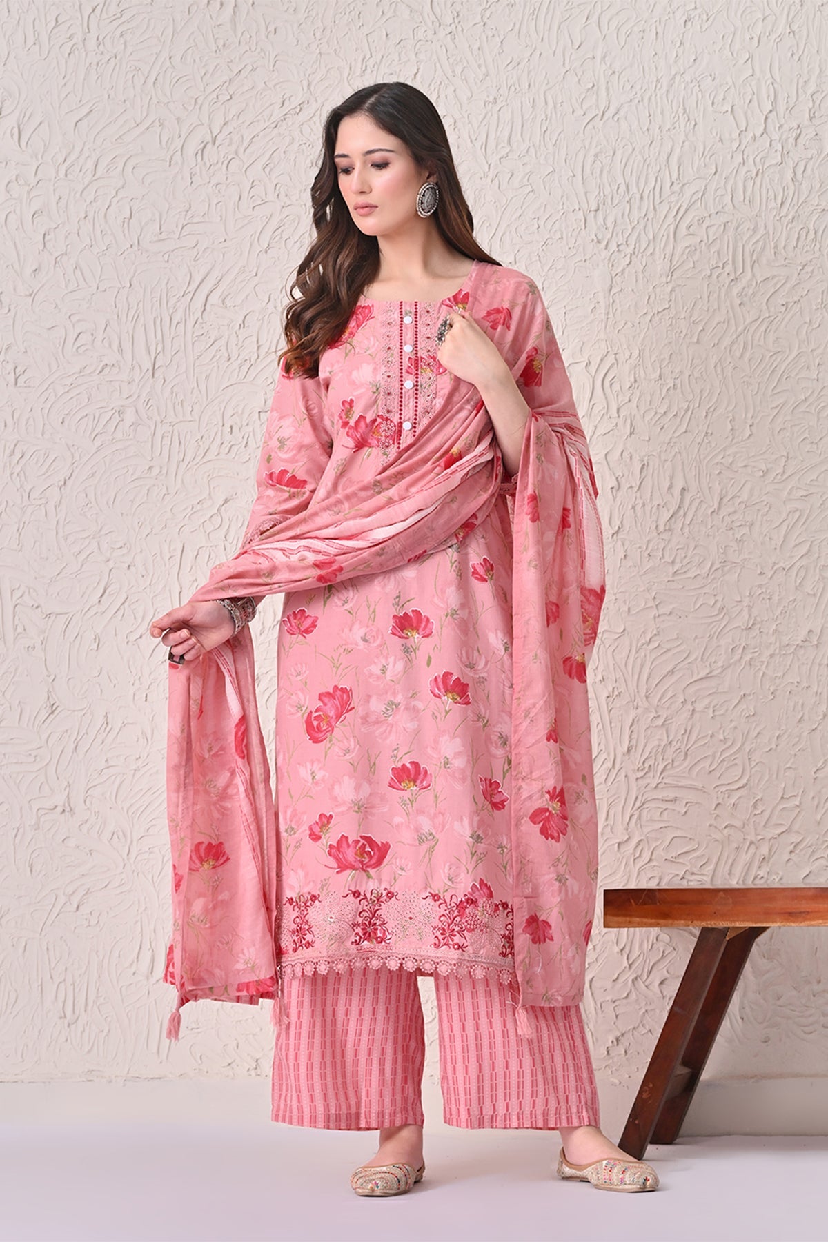 Light Pink Floral Printed Kurta 3 Pcs Set