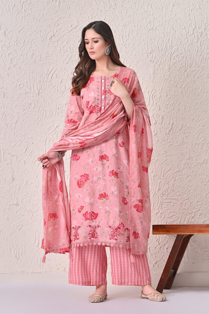 Light Pink Floral Printed Kurta 3 Pcs Set