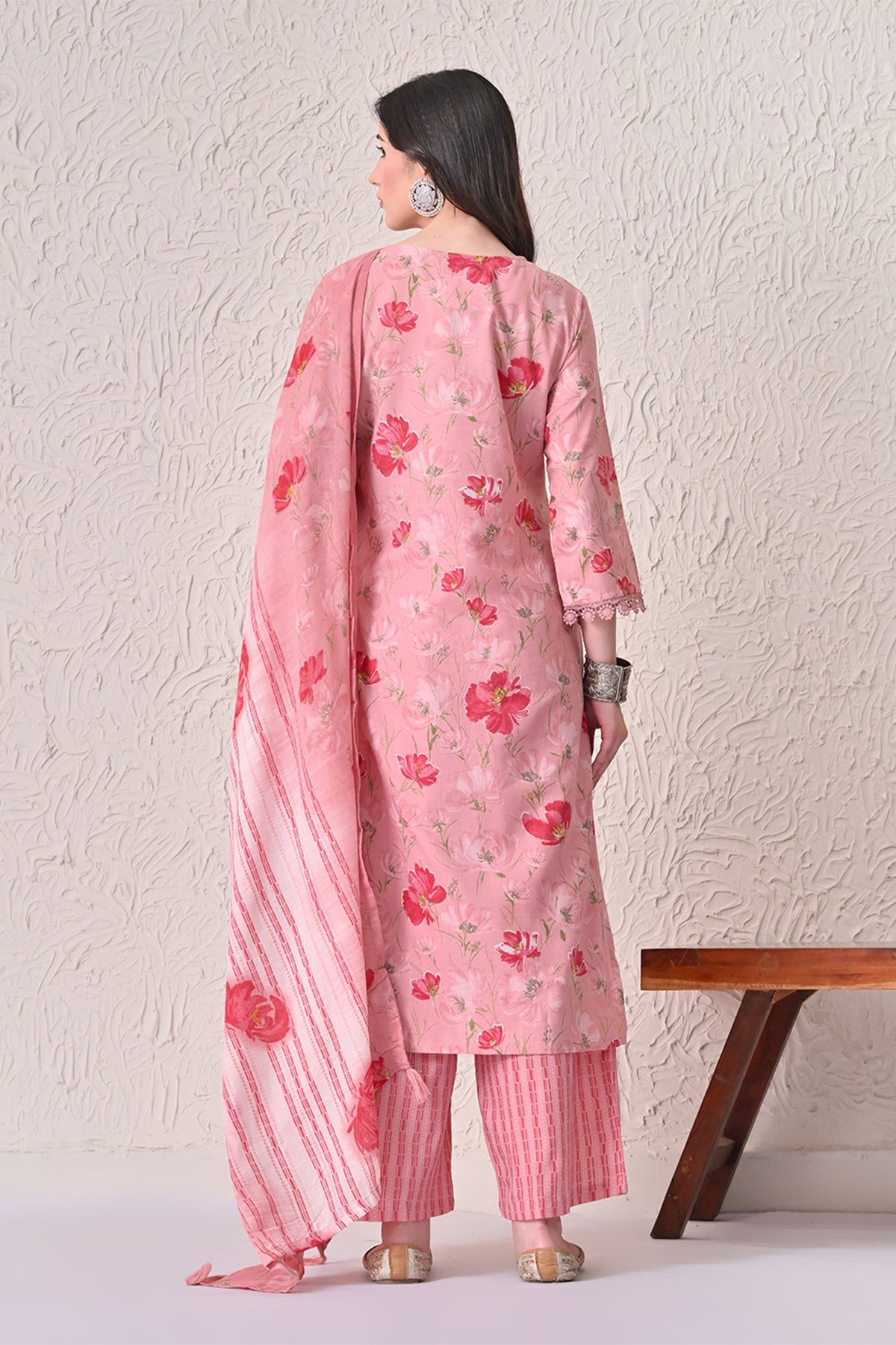 Light Pink Floral Printed Kurta 3 Pcs Set