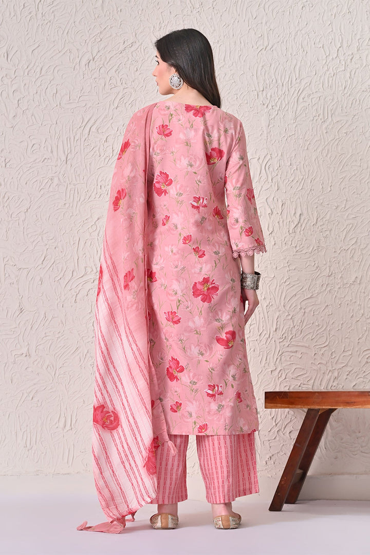 Light Pink Floral Printed Kurta 3 Pcs Set
