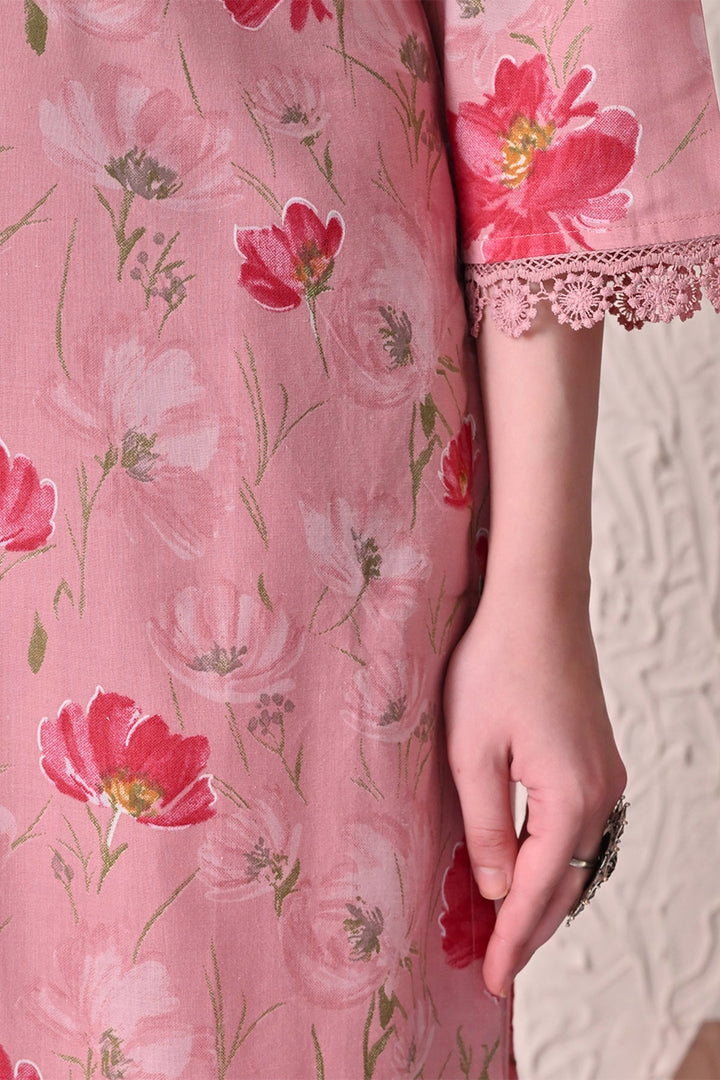 Light Pink Floral Printed Kurta 3 Pcs Set