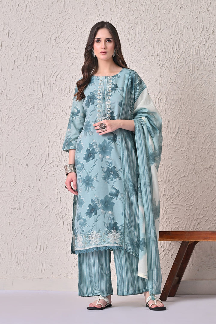 Blue Floral Printed Kurta 3 Pcs Set