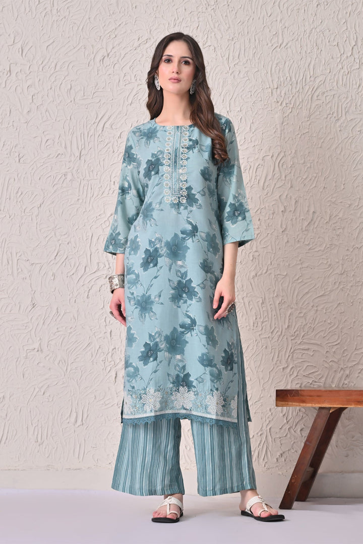Blue Floral Printed Kurta 3 Pcs Set