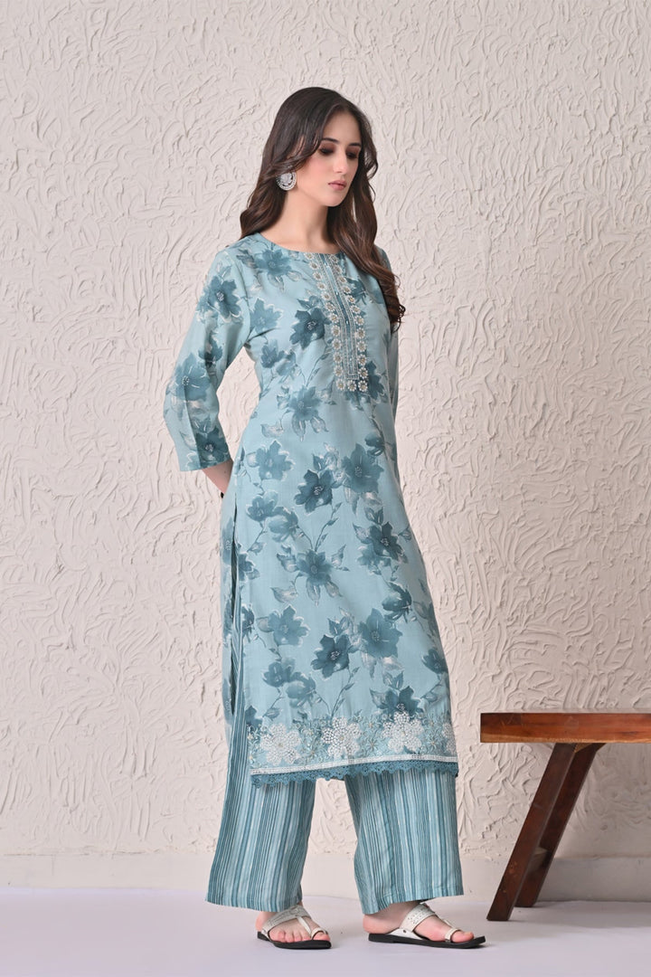 Blue Floral Printed Kurta 3 Pcs Set