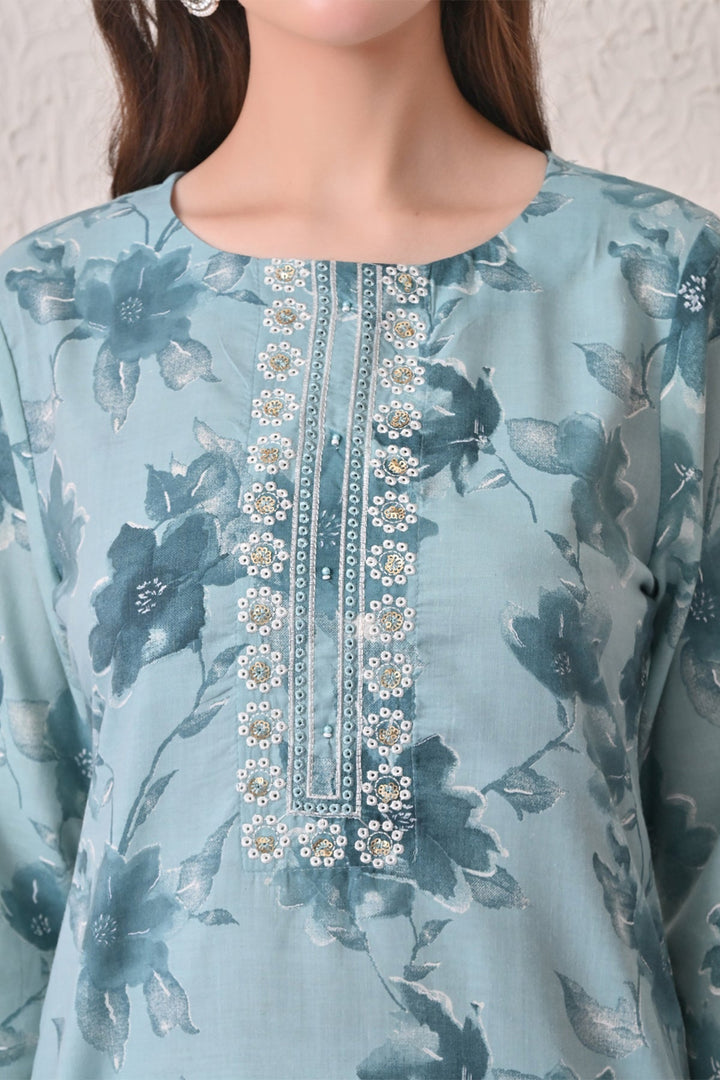 Blue Floral Printed Kurta 3 Pcs Set
