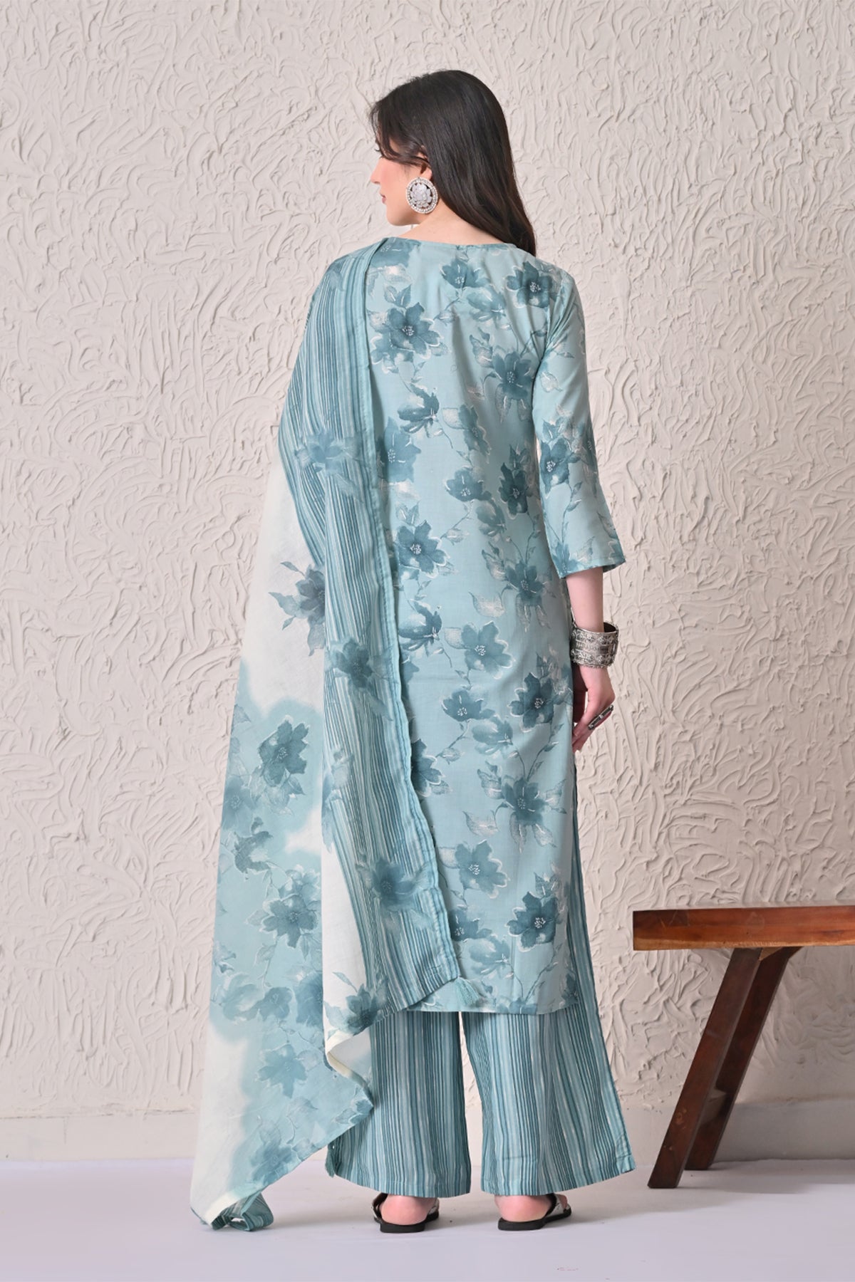 Blue Floral Printed Kurta 3 Pcs Set