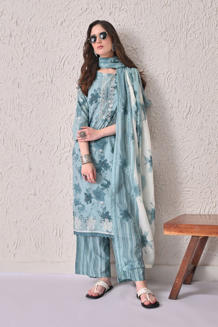 Blue Floral Printed Kurta 3 Pcs Set
