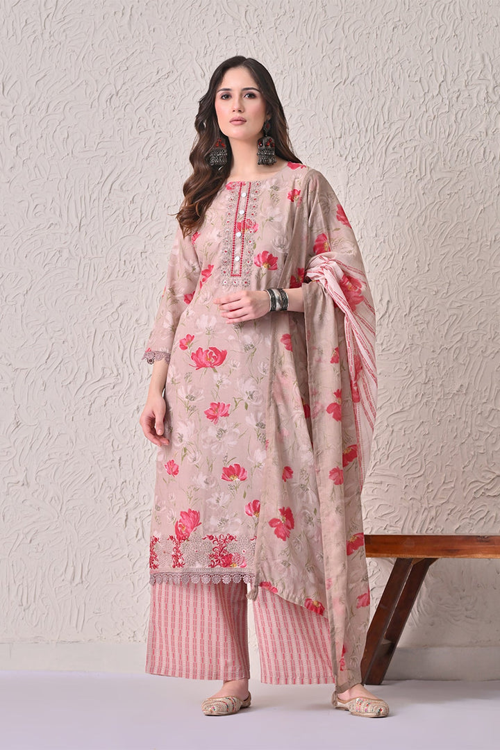 Beige Floral Printed Kurta 3 Pcs Set