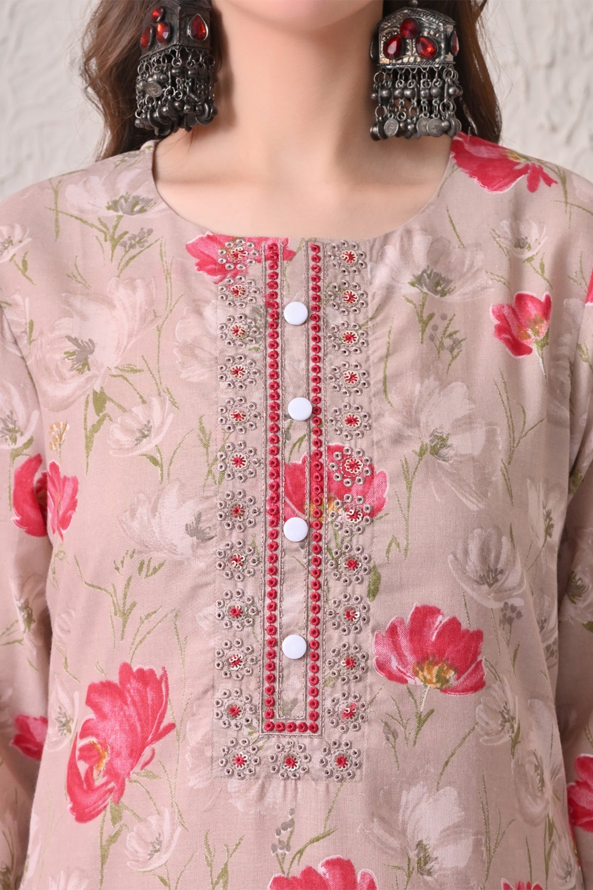 Beige Floral Printed Kurta 3 Pcs Set