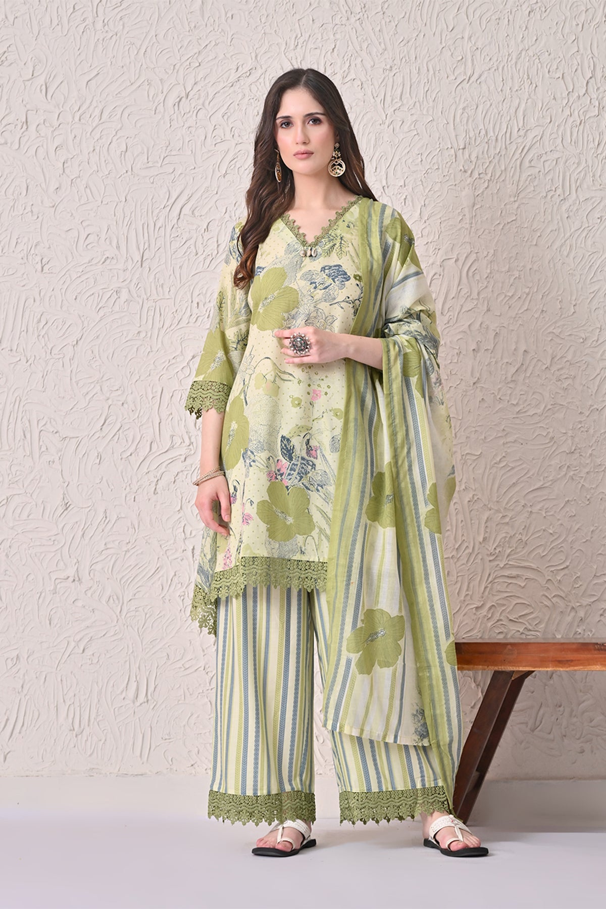 Green A-line Printed Kurta 3 Pcs Set