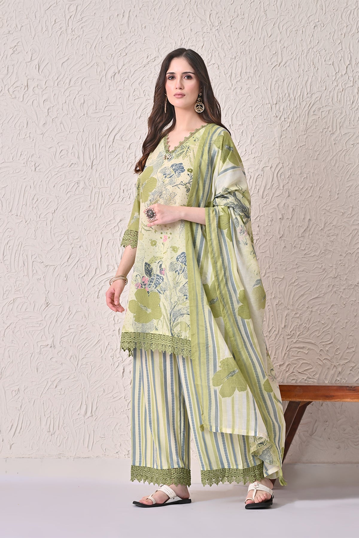 Green A-line Printed Kurta 3 Pcs Set