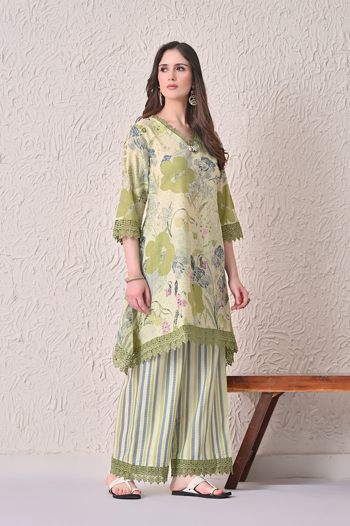 Green A-line Printed Kurta 3 Pcs Set