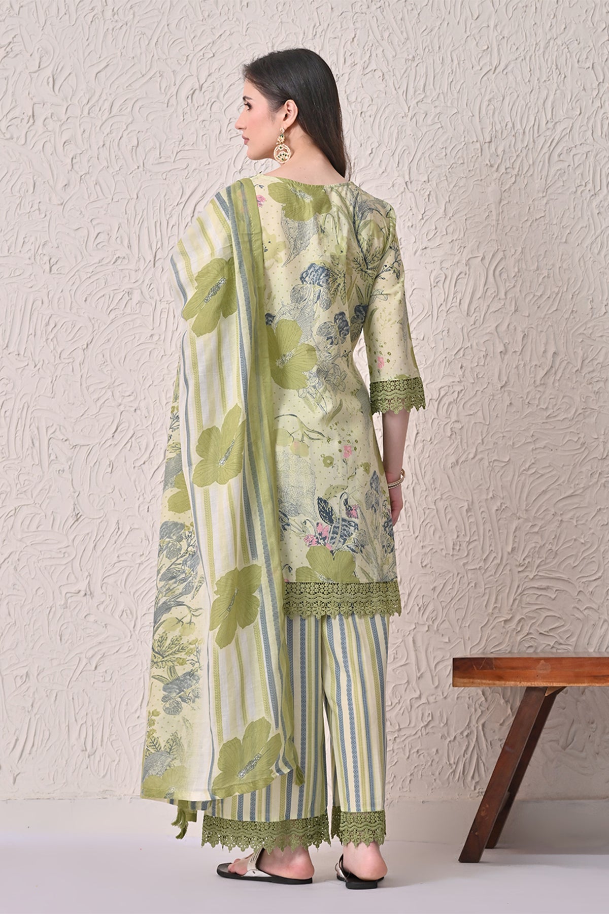 Green A-line Printed Kurta 3 Pcs Set