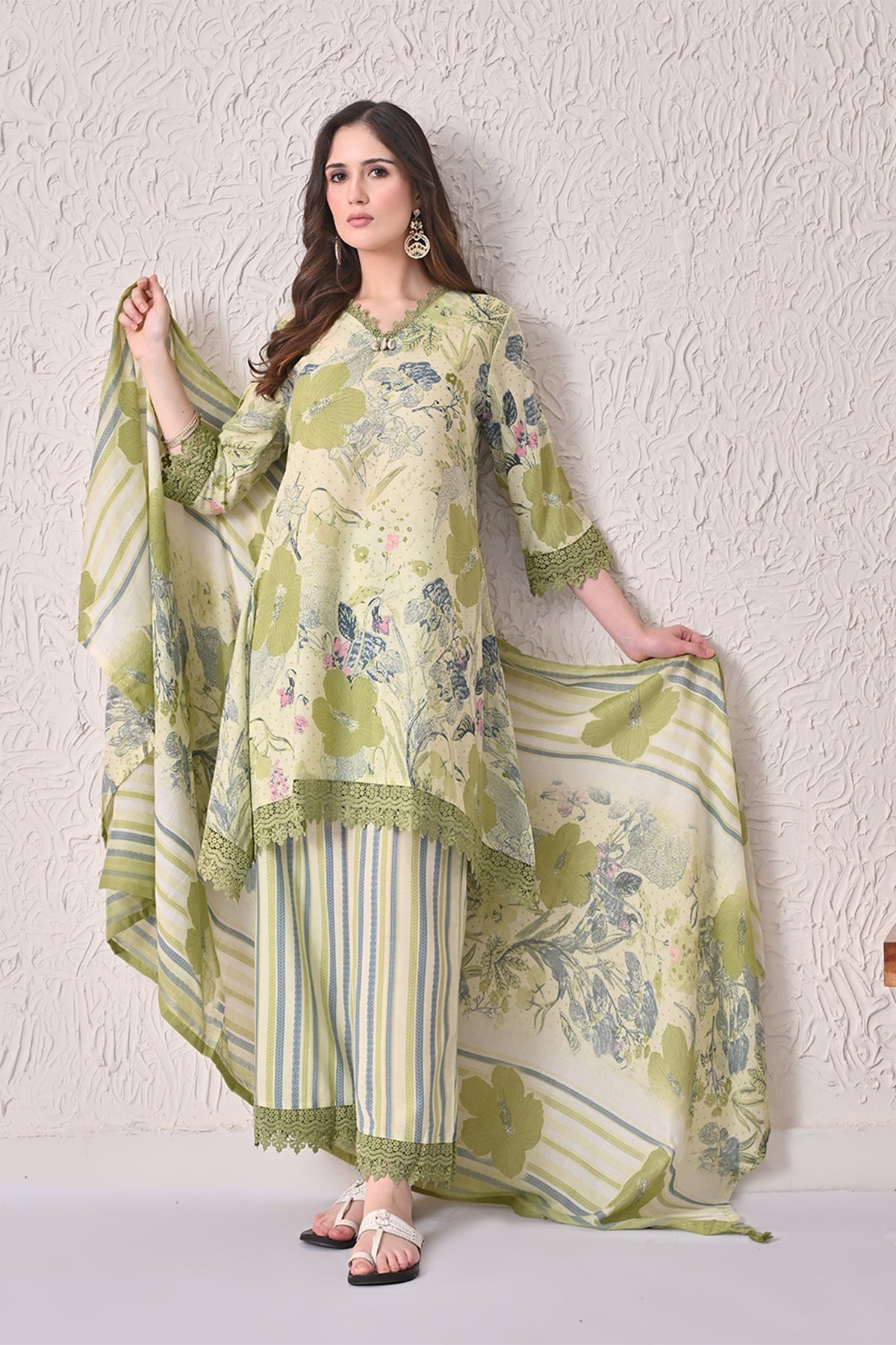 Green A-line Printed Kurta 3 Pcs Set