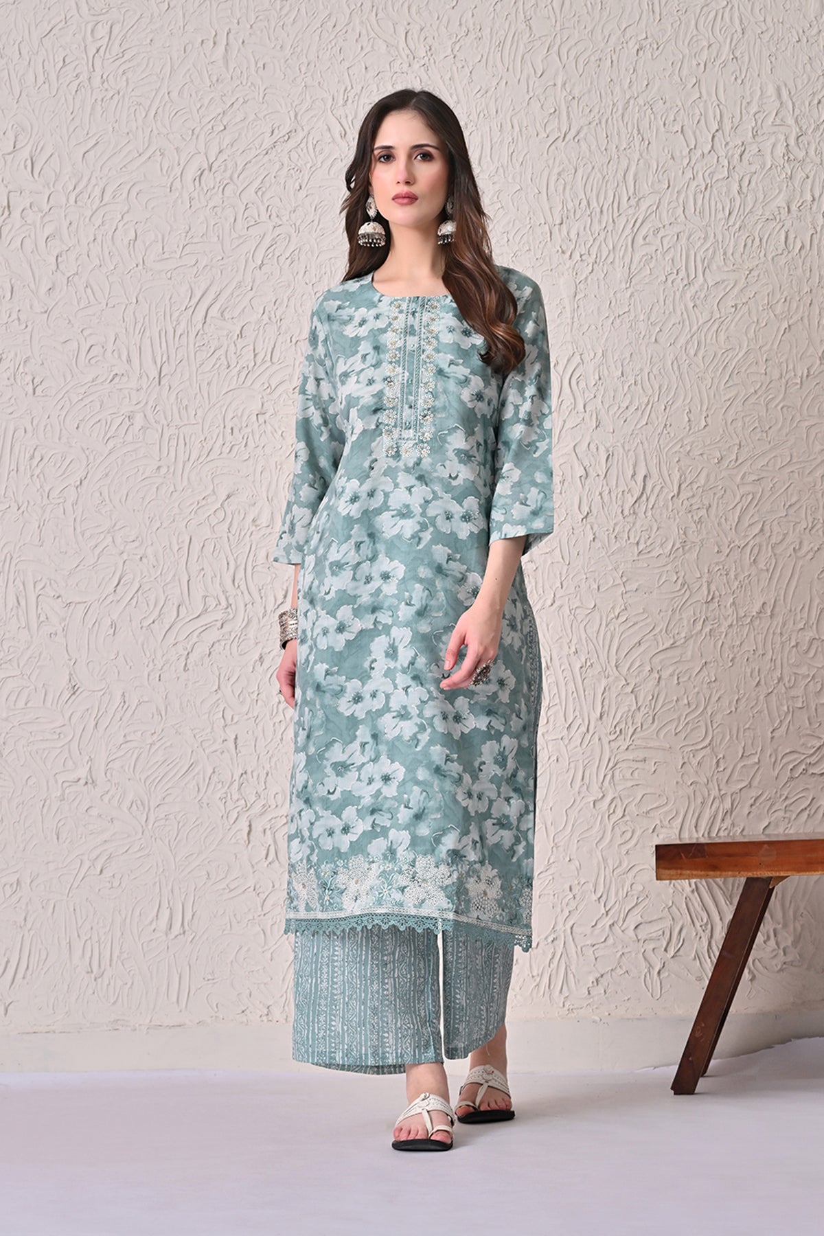 Green Printed Kurta 3 Pcs Set