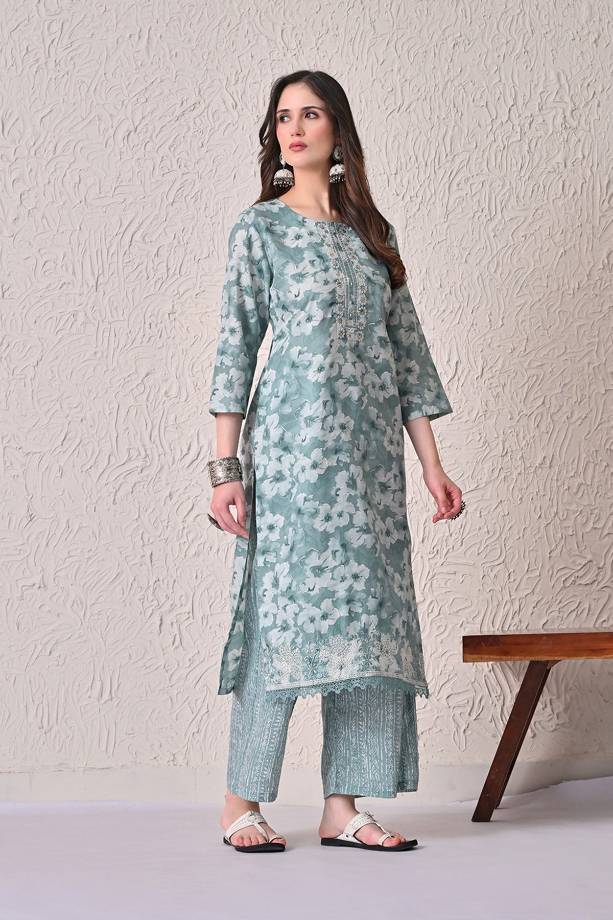 Green Printed Kurta 3 Pcs Set