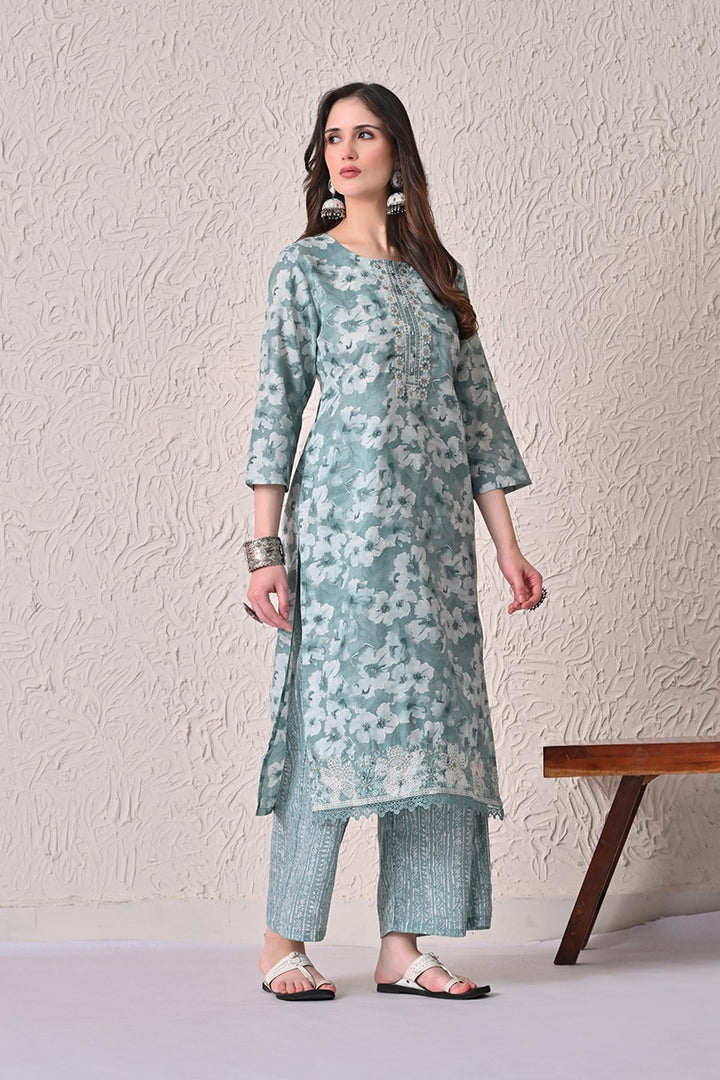 Green Printed Kurta 3 Pcs Set