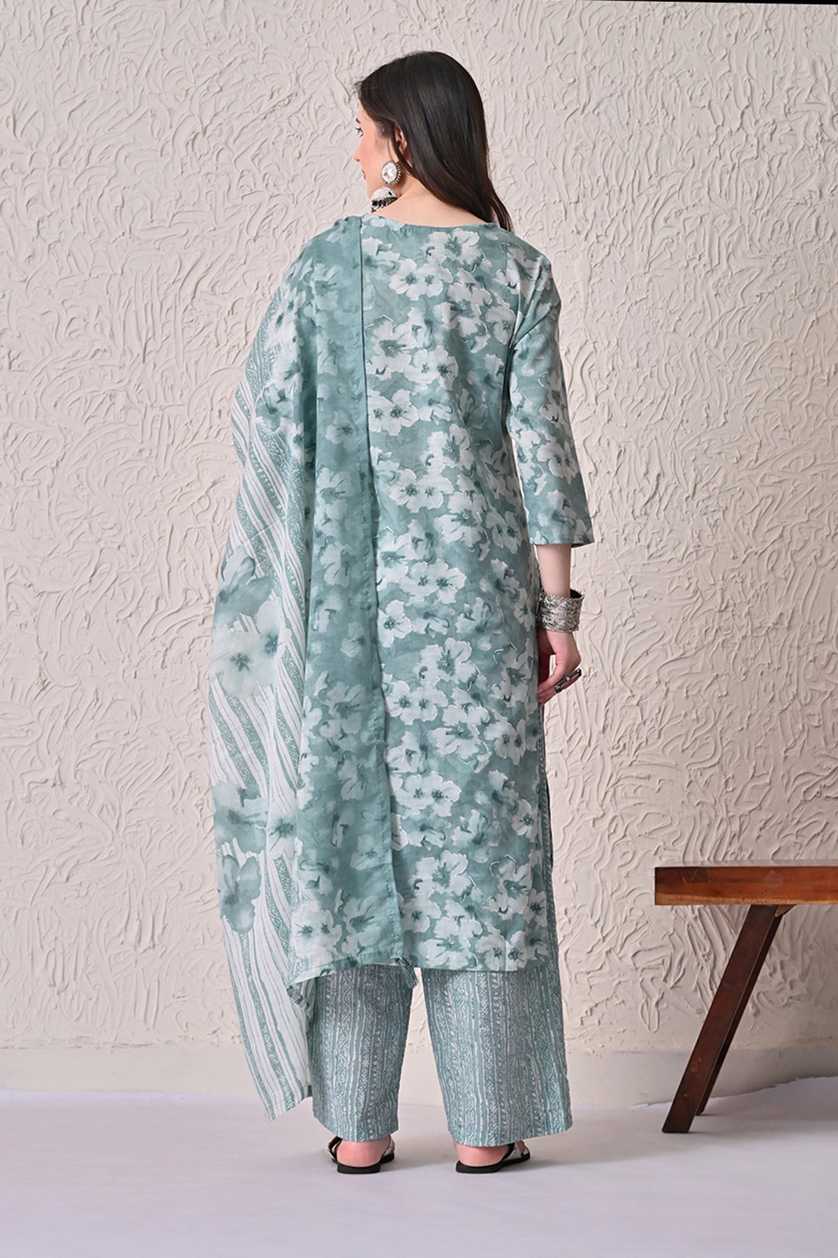 Green Printed Kurta 3 Pcs Set