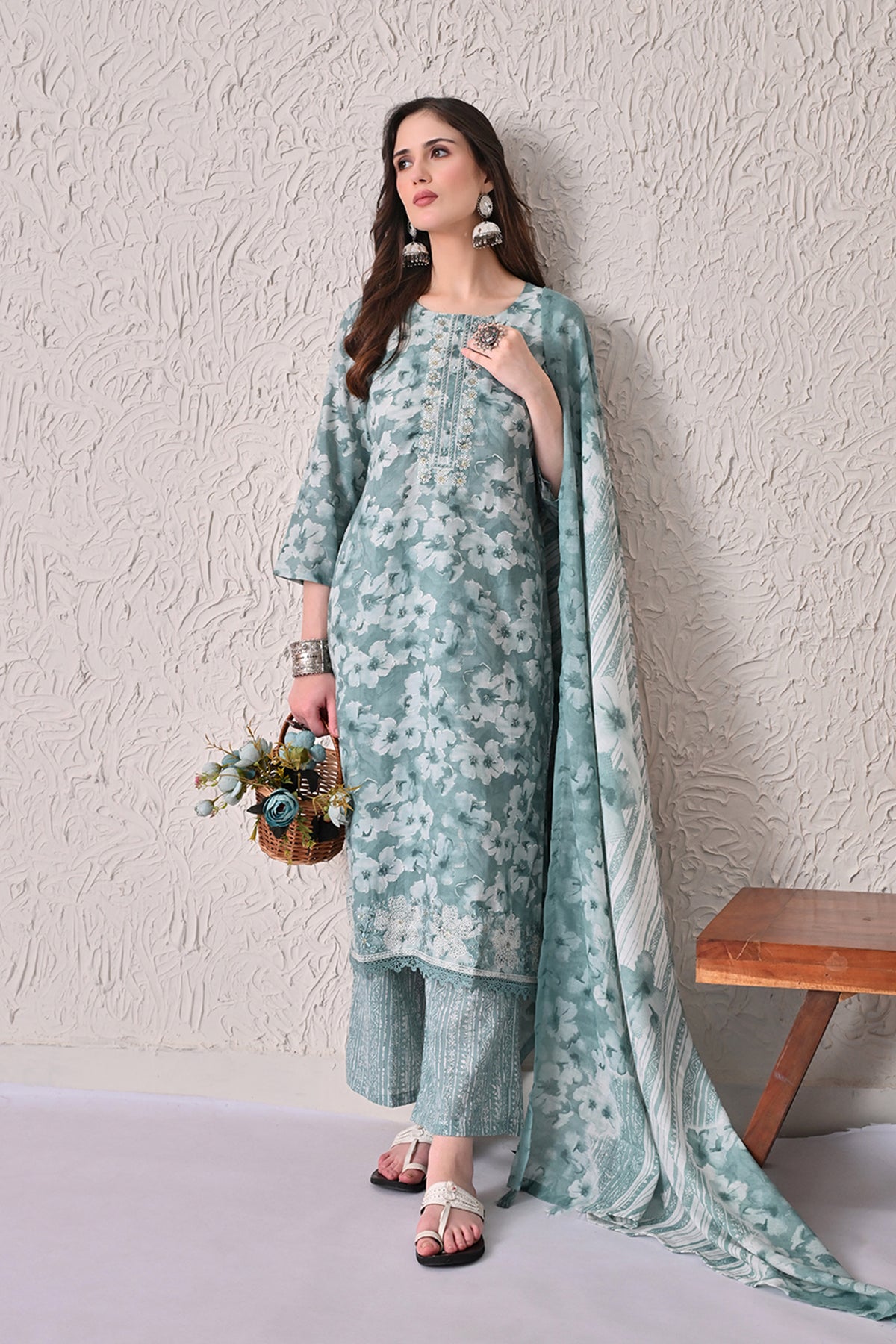 Green Printed Kurta 3 Pcs Set