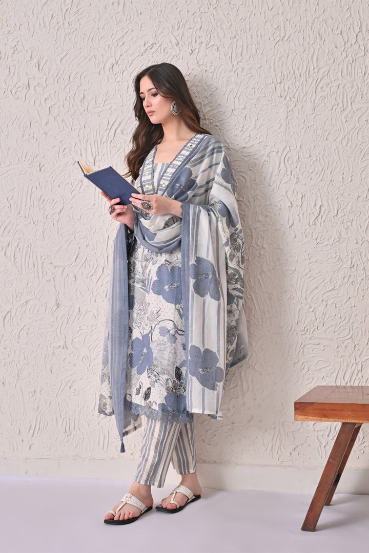 Cream Floral Printed Kurta 3 Pcs Set