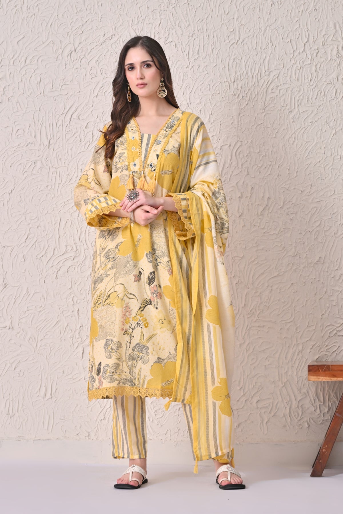 Yellow Floral Printed Kurta 3 Pcs Set