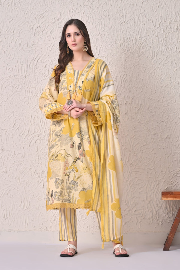 Yellow Floral Printed Kurta 3 Pcs Set