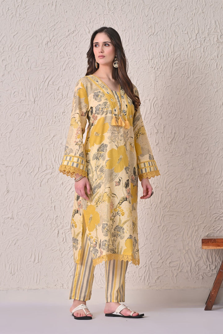 Yellow Floral Printed Kurta 3 Pcs Set