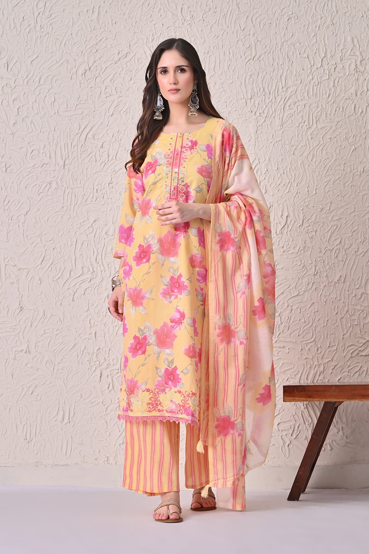 Yellow Floral Printed Kurta 3 Pcs Set