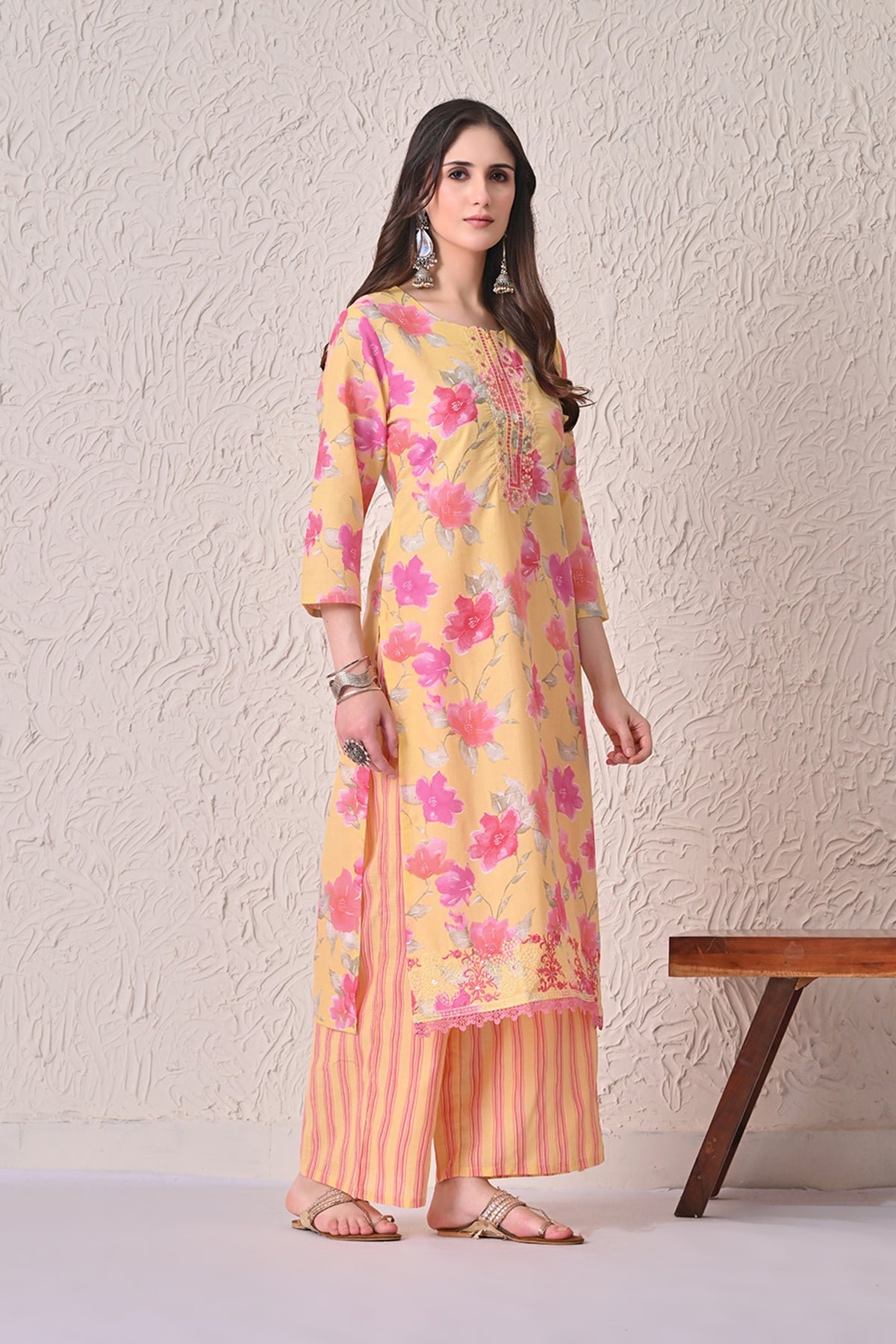 Yellow Floral Printed Kurta 3 Pcs Set