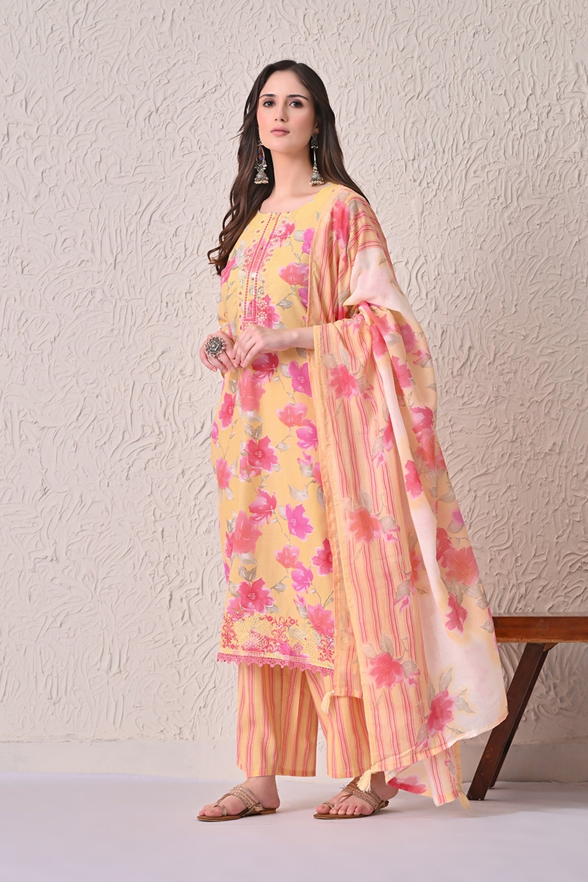 Yellow Floral Printed Kurta 3 Pcs Set