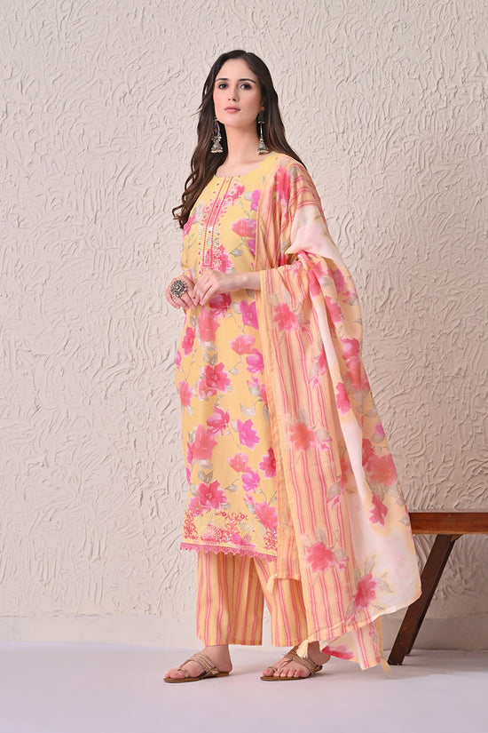 Yellow Floral Printed Kurta 3 Pcs Set