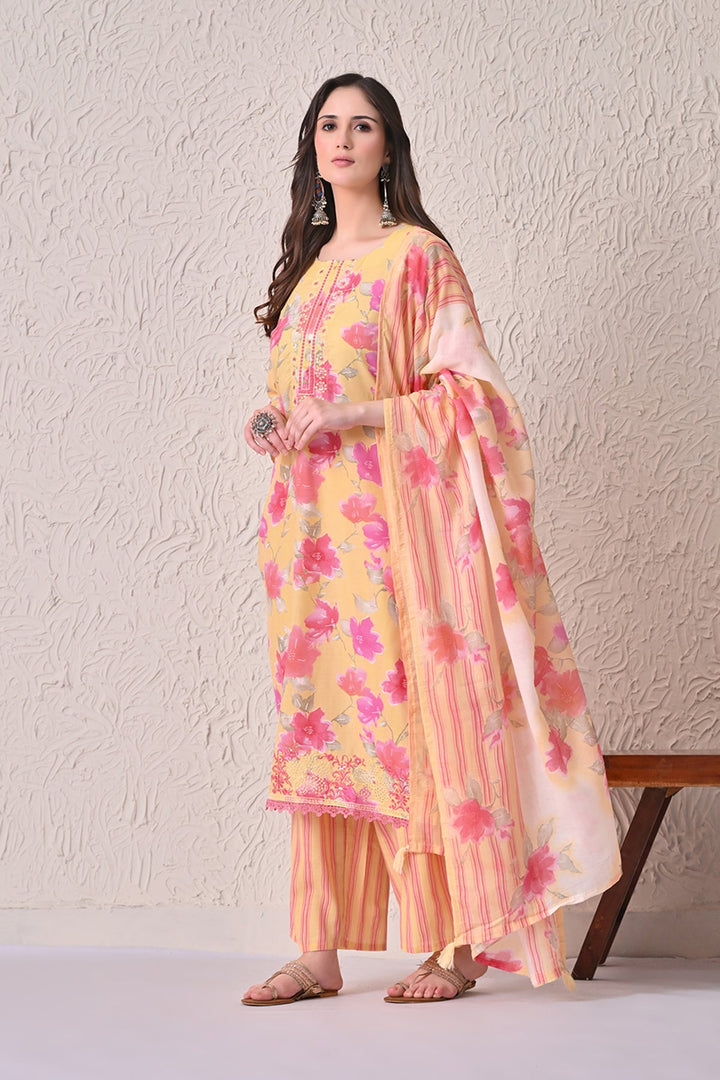 Yellow Floral Printed Kurta 3 Pcs Set