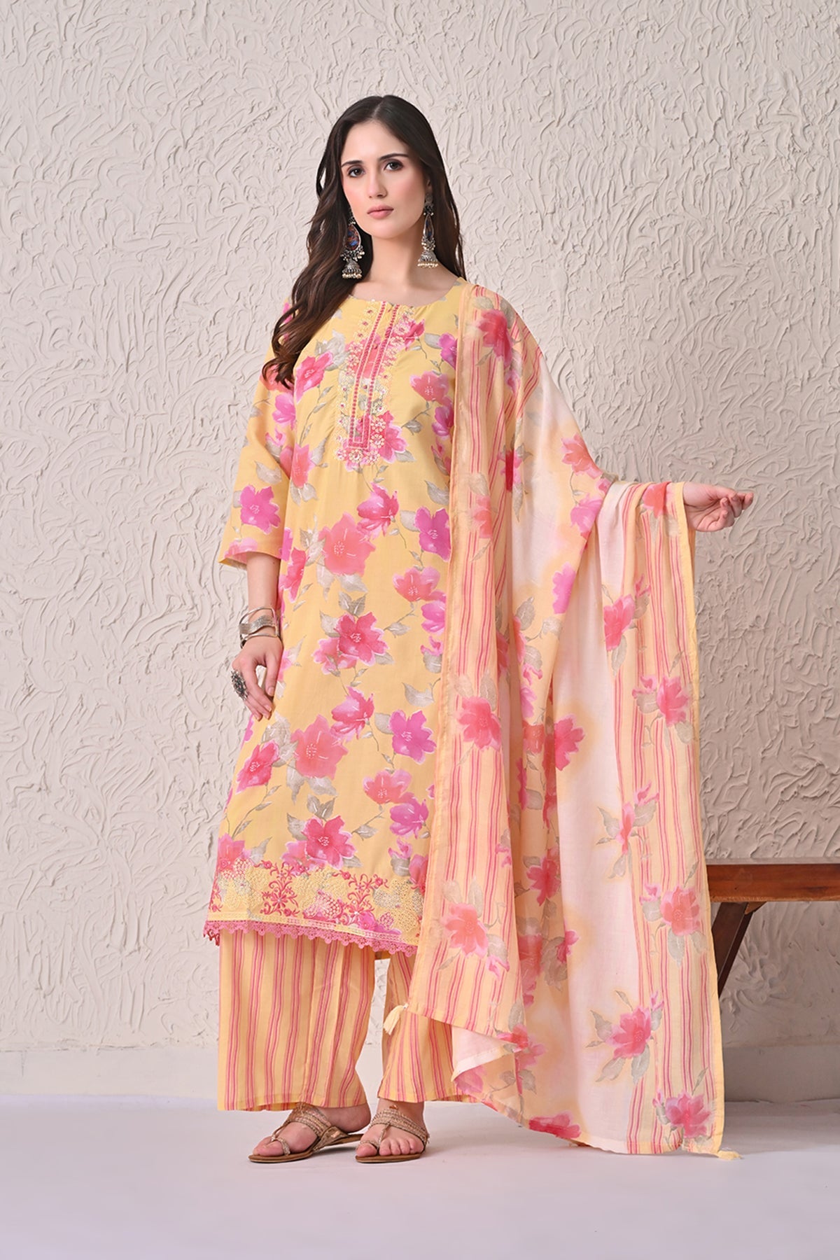 Yellow Floral Printed Kurta 3 Pcs Set