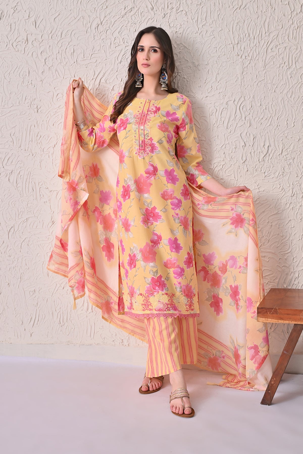 Yellow Floral Printed Kurta 3 Pcs Set