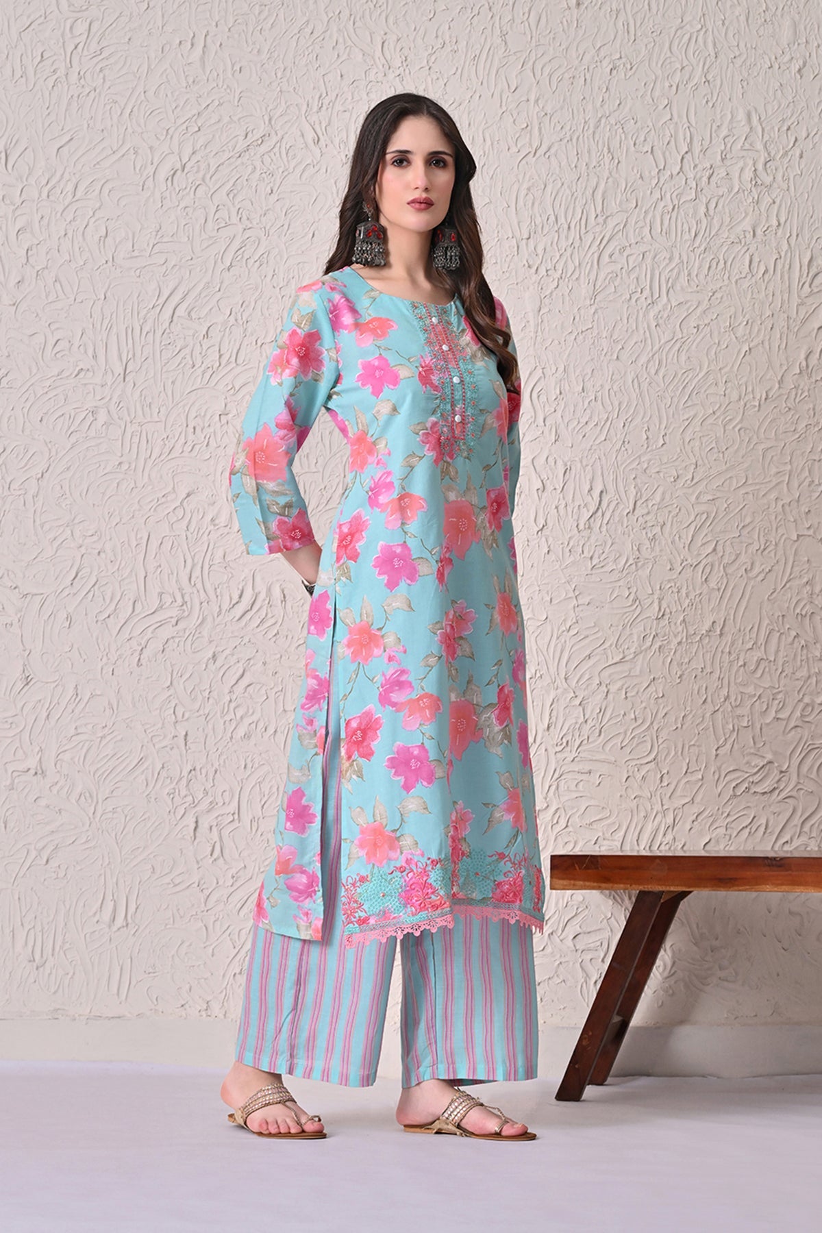 Green Floral Printed Kurta 3 Pcs Set