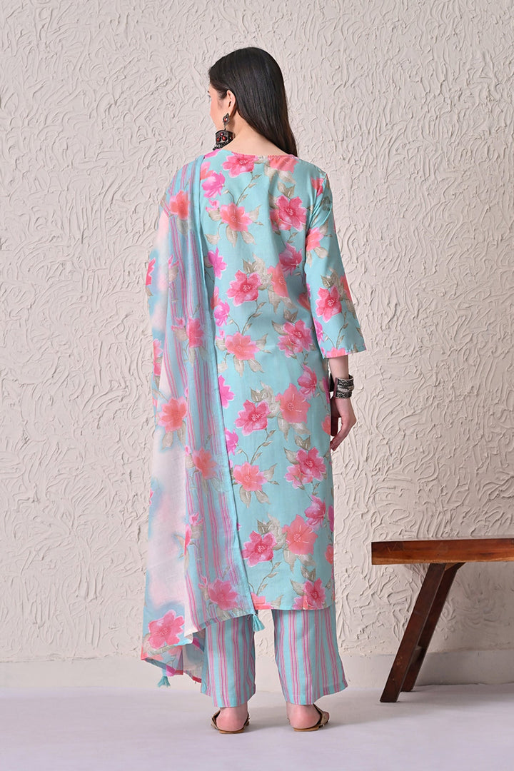 Green Floral Printed Kurta 3 Pcs Set