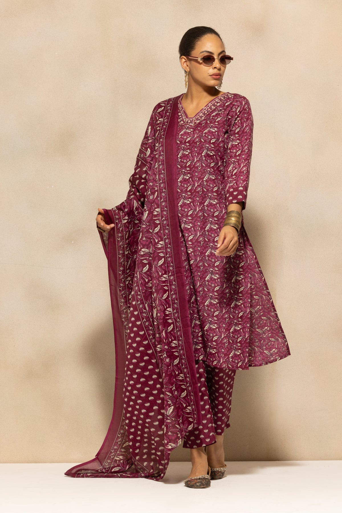 Wine Printed Kurta 3 Pcs Set