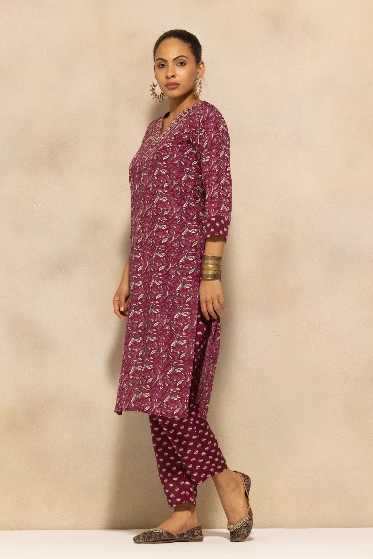 Wine Printed Kurta 3 Pcs Set