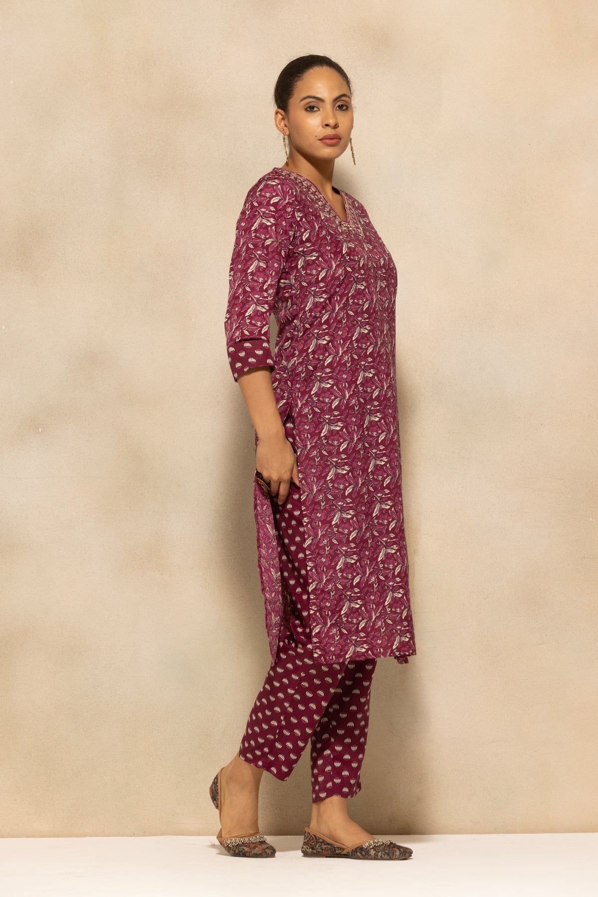 Wine Printed Kurta 3 Pcs Set